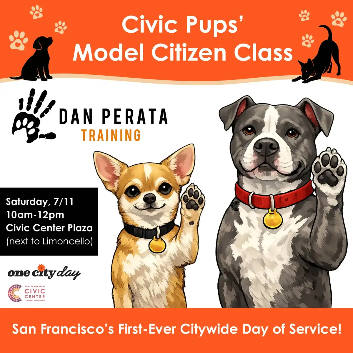 Civic Pups' Model Citizen Class flyer with two dogs and event details for training in San Francisco.